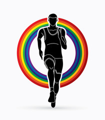Runners sprinting, Marathon running designed on line rainbows background graphic vector