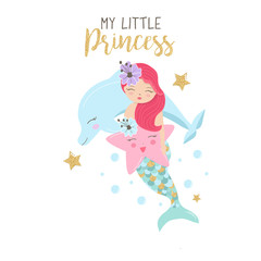 Little dolphin and mermaid holding a sea star in pastel colors. Cute Illustration for baby showers, birthday, t-shirts, mugs, cards and backgrounds. funny character design