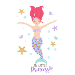 Little mermaid in pastel and bright colors. Cute Illustration for baby showers, birthday, t-shirts, mugs, cards and backgrounds. funny character design