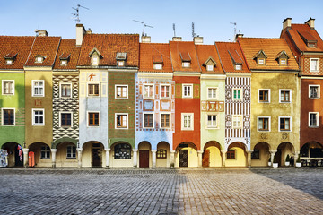 Merchant houses in the Poznan Old Market Square at sunrise, Poland.