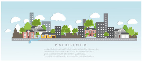 Flat design urban landscape illustration. Cityscape Banner with traditional and modern houses, mountains and trees.