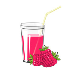 Glass of Fresh Fruity Berry Juice of Raspberries and a Straw Isolated on White Background , Summer Refreshing Drink, Vector Illustration