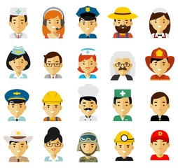People occupation characters avatars set in flat style isolated on white background. Different people professions characters icons. Workers and businessmans.