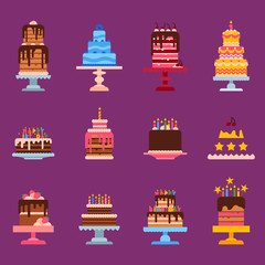 Wedding or Birthday pie cakes flat sweets dessert bakery ceremony delicious vector illustration.