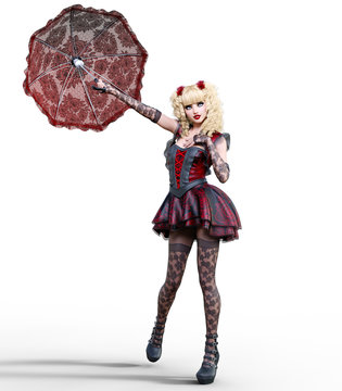 Young beautiful girl with doll face umbrella posing photo shoot.Short dark red dress, stockings, shoes.Long blonde hair.Bright goth make up.Conceptual fashion art.Realistic 3D render illustration.