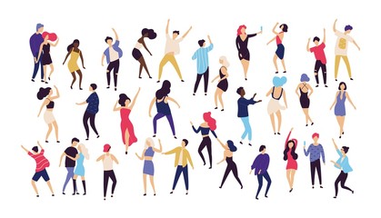 Fototapeta na wymiar Crowd of young men and women dressed in trendy clothes dancing at club or music concert. Large group of male and female cartoon characters having fun at party. Flat colorful vector illustration.
