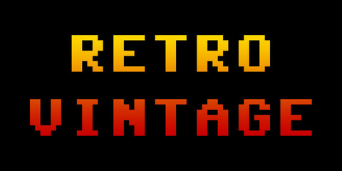 The text Retro Vintage, looking like a funky colorful game screen, 8 bit retro style, red and yellow gradient.
