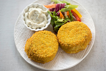 Smoked whitefish fishcakes with tartare sauce and side salad 