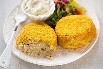 Smoked whitefish fishcakes with tartare sauce and side salad 