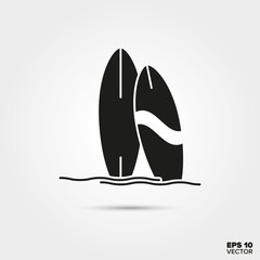 Surf boards at the beach vector icon. Summer holidays and water sports symbol. 