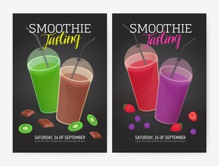 Set of flyer or poster templates for smoothie tasting party with delicious fresh fruit, berry and chocolate drinks in plastic glasses with lids and straws. Vector illustration for event promotion.