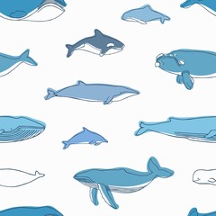 Elegant seamless pattern with different aquatic animals or marine mammals hand drawn on white background - whales, narwhal, dolphin, cachalot. Vector illustration for fabric print, wrapping paper.