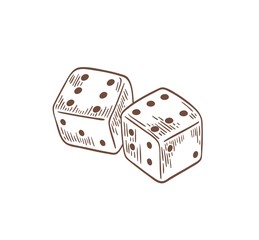 Pair of dice lying with sixes on top side drawn with contour lines on white background. Throwable gambling device for tabletop, board and casino games. Symbol of good luck. Vector illustration.