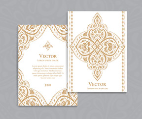 Gold and white vintage greeting card. Luxury ornament template. Great for invitation, flyer, menu, brochure, postcard, background, wallpaper, decoration, packaging.