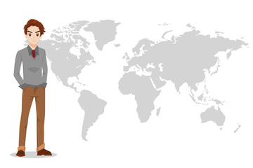 Young handsome smart businessman standing character design in front view with world map on white background flat vector illustrator.