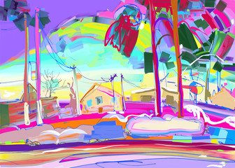colorful original digital painting of rural winter landscape