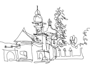 minimalistic continuous monoline drawing of little church