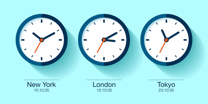 World time. Simple Clock icons in flat style. New York, London, Tokyo. Watch on blue background. Business illustration for you presentation. Vector design objects.