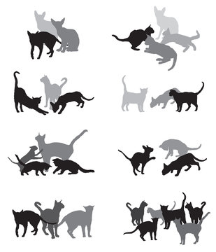 Set of vector group of cats silhouettes