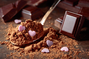 Broken  chocolate pieces and cocoa powder .