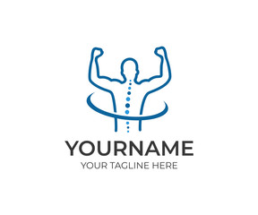 Healthy spine and joyful man with hands up logo template. Medical diagnostic center, treatment and care behind spine vector design. Healthcare and surgery illustration