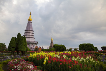 Naklejka premium Landscape of two pagoda on the top of Inthanon mountain, Chiang Mai, Thailand.