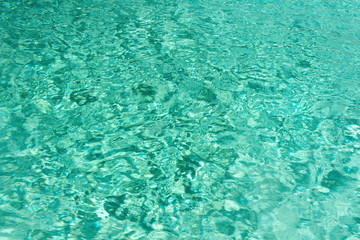 Close up abstract water texture. Turquoise swimming pool water background. Copy space, top view.