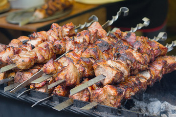 Delicious barbecue is prepared on the skewer. Food