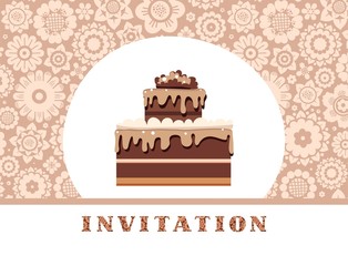 The invitation to the feast, chocolaBirthday invitation, wedding. A holiday, a family celebration. Chocolate cake with cream on floral, flat background. Vector image. 