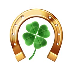 Golden horseshoe with clover on a white background