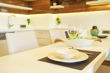 Big beautiful terrace balcony of new apartment building / hotel on coastline with sea ocean view, palms, highway, route. Background, copy space.