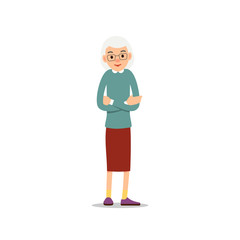 Old woman. Elderly woman stand with his arms crossed over his chest. Illustration isolated on white background in flat style. Full length portrait of old ladie, senior or grandmother