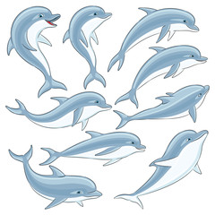 Naklejka premium Zestaw niebieskich delfinów na białym tle.
