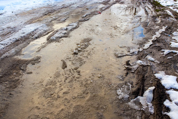 Snow melts on the road as a background