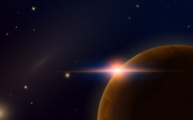 Sunrise in space. Red Planet Mars. Astronomical galaxy background. Light in the night sky. Solar system for the banner. Modern design of the universe for cards.