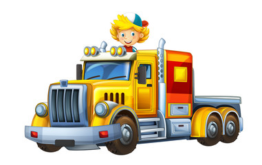 cartoon scene with happy and funny child - boy in cargo truck without trailer - illustration for children