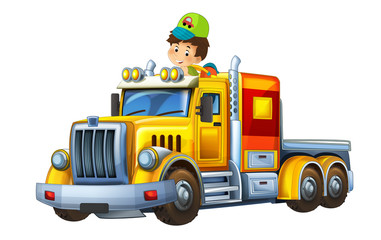 Naklejka premium cartoon scene with happy and funny child - boy in cargo truck without trailer - illustration for children