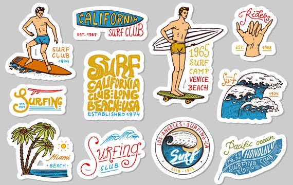 Vintage surfer badges. Tropical stickers and California. Wave, palm tree and ocean. Man on the surfboard, Summer beach and sea. Engraved emblem hand drawn. Banner or poster. Sport in Hawaii.