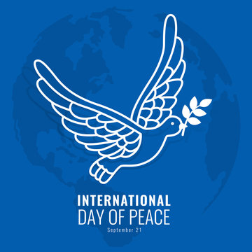 International Day of peace - White dove bird with leaf and blue world map background vector design