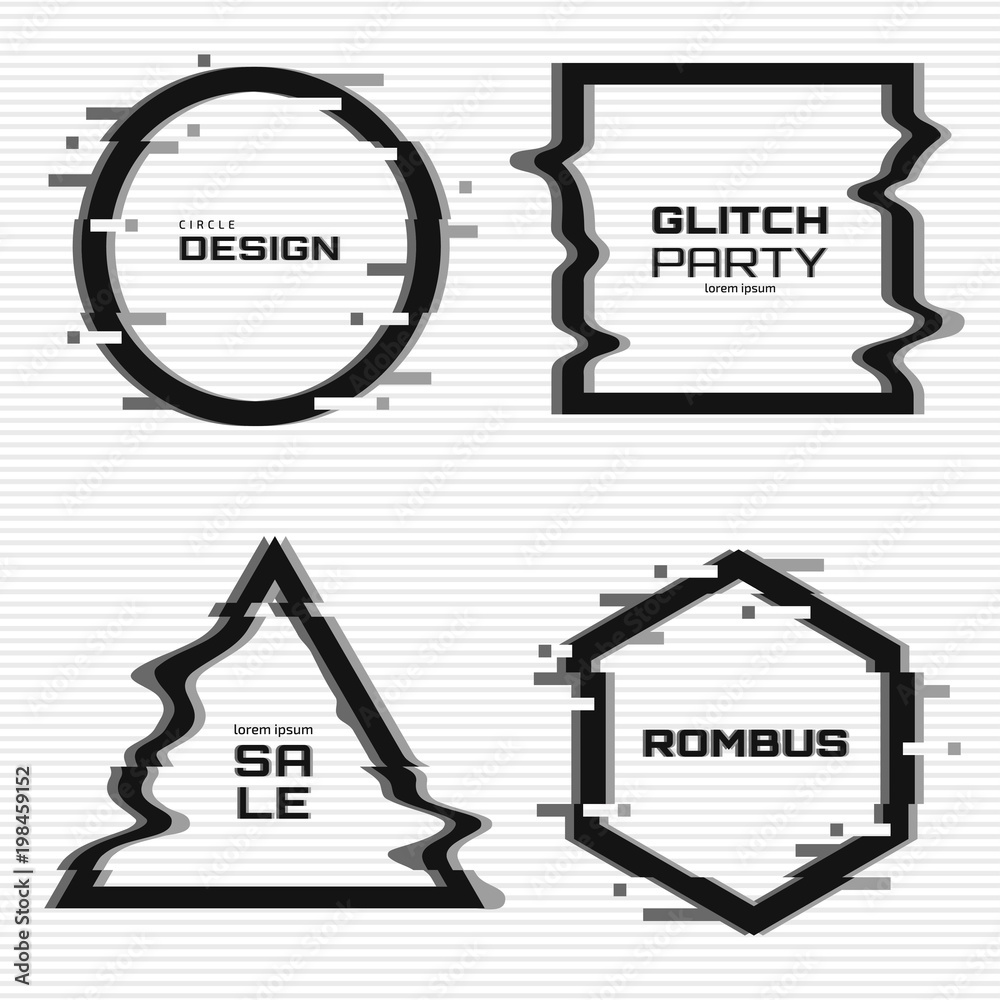 Poster vector glitch frames set. black and white geometric shapes with tv distortion effect. circle, triang