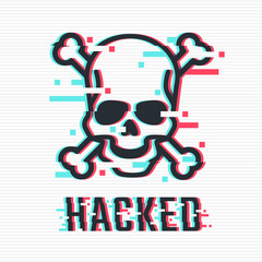 Hacked glitch text. Skull and bones illustration in glitch style. Warning about hacker attack. Pirate sign. Vector eps 10.