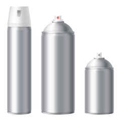 Metallic spray can mock up isolated on white background. Blank aerosol can mock-up set. Large, medium and small volume. Deodorant, paint, spray from insects. Vector eps 10.