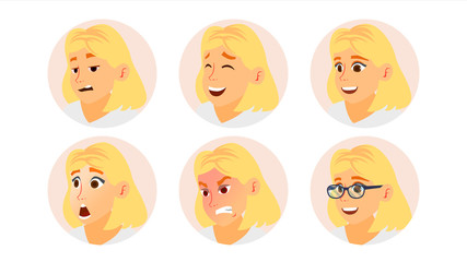 Business Woman Avatar Vector. Blonde Woman Face, Emotions Set. Female Placeholder. Modern Business Girl Avatar Set. Comic Face Art Isolated Illustration