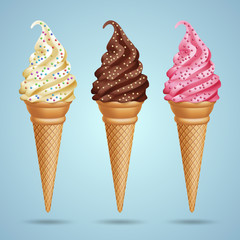 Set of realistic ice cream cones with candy beads on blue background. Vector Illustration