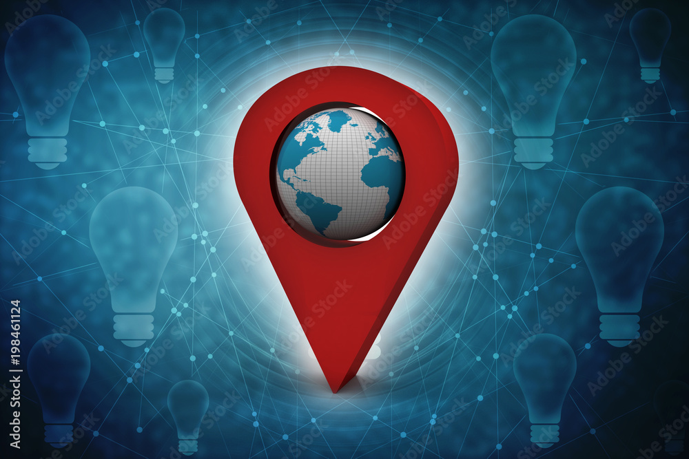Poster 3d rendering red map pointer with world map