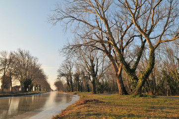 Le canal du Midi, partiellement gel&eacute;, en hiver