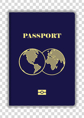 International Passport with globe map  isolated on transparent background. Mock Up Template. Vector illustration.