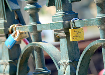 PRAGUE, CZECH REPUBLIC - MAY 17, 2017: Love Padlocks on the railings beside the river Vltava