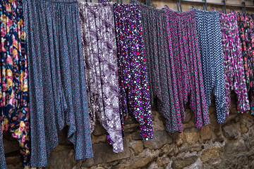 Turkish culture clothes. floral local pants. women in the village wearing clothes. 