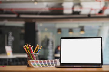 Stylish workspace with desktop computer, office supplies at office. desk work concept.	
